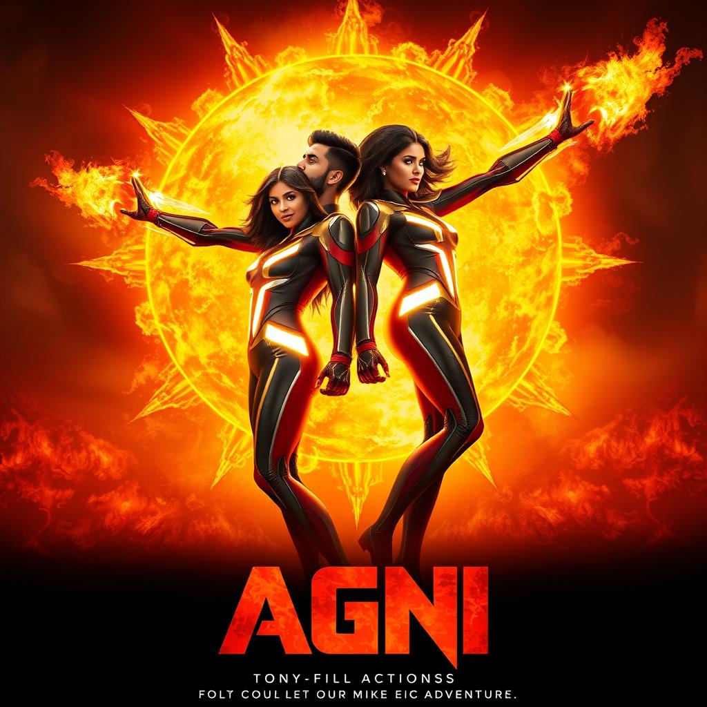 A cinematic sci-fi action film poster titled 'AGNI', showcasing an Indian man and woman striking a powerful pose in front of a massive, blazing sun