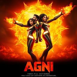 A cinematic sci-fi action film poster titled 'AGNI', showcasing an Indian man and woman striking a powerful pose in front of a massive, blazing sun