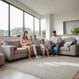 A happy, modern-day family enjoying their time together in a contemporary home, filled with high-tech devices, sleek furniture, sunlit rooms and lots of smiles.