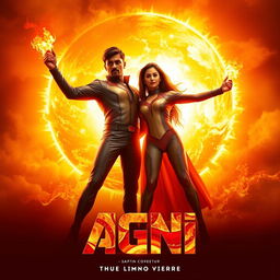 A cinematic sci-fi action film poster titled 'AGNI', showcasing an Indian man and woman striking a powerful pose in front of a massive, blazing sun