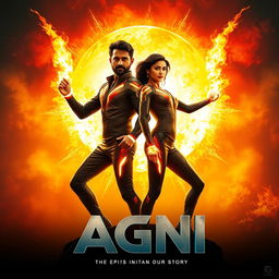 A cinematic sci-fi action film poster titled 'AGNI', showcasing an Indian man and woman striking a powerful pose in front of a massive, blazing sun