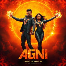 A cinematic sci-fi action film poster titled 'AGNI', showcasing an Indian man and woman striking a powerful pose in front of a massive, blazing sun