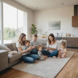 A happy, modern-day family enjoying their time together in a contemporary home, filled with high-tech devices, sleek furniture, sunlit rooms and lots of smiles.