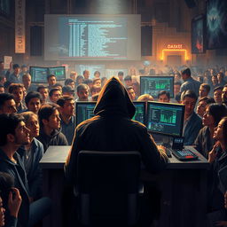 An intense and dramatic scene depicting an individual hacking in front of a large audience