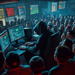 An intense and dramatic scene depicting an individual hacking in front of a large audience