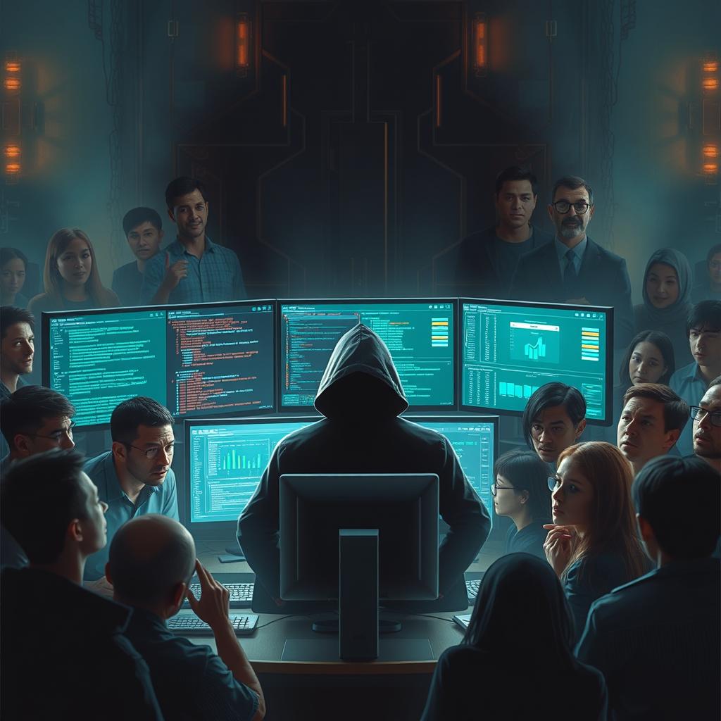 An intense and dramatic scene depicting an individual hacking in front of a large audience