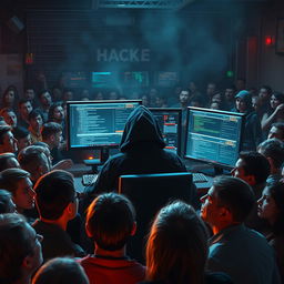 An intense and dramatic scene depicting an individual hacking in front of a large audience