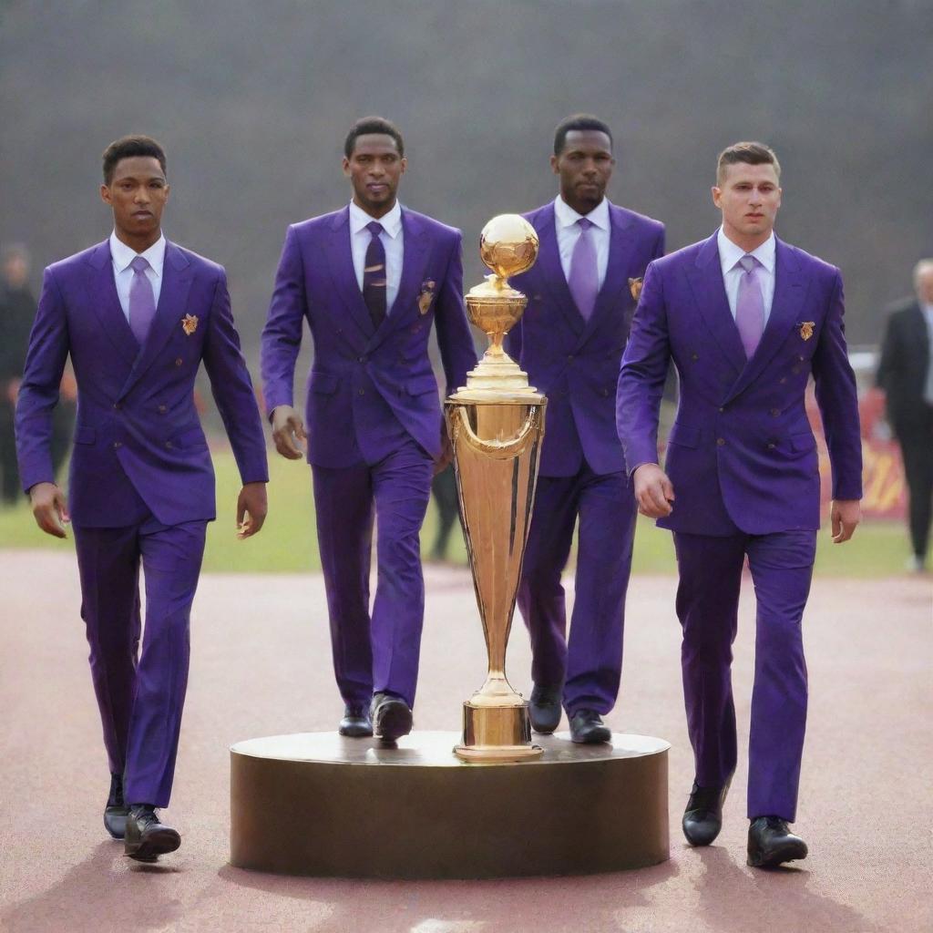 A group of athletes dressed in elegant purple suits, walking confidently towards a shining, golden trophy on a pedestal.