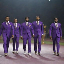 A group of athletes dressed in elegant purple suits, walking confidently towards a shining, golden trophy on a pedestal.