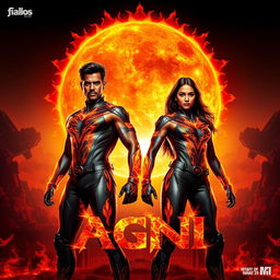 An Indian man and woman with the power of fire stand defiantly before a massive sun, symbolizing their strength