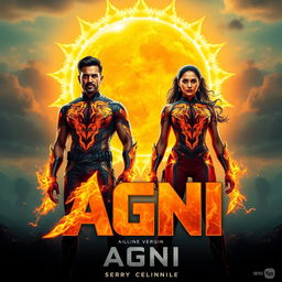 An Indian man and woman with the power of fire stand defiantly before a massive sun, symbolizing their strength