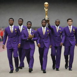 A group of athletes dressed in elegant purple suits, walking confidently towards a shining, golden trophy on a pedestal.