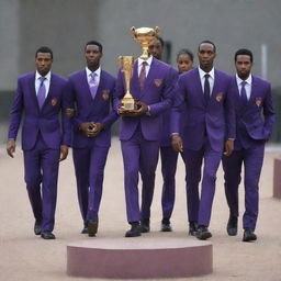 A group of athletes dressed in elegant purple suits, walking confidently towards a shining, golden trophy on a pedestal.