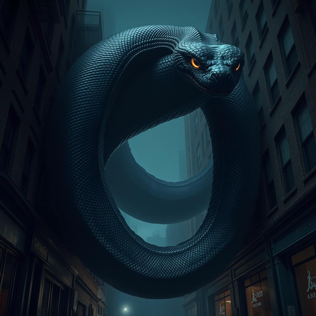 An enormous black snake, the size of a two-story building, coiling and slithering as if made of a dark, amorphous substance resembling a living shadow