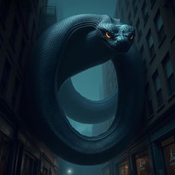 An enormous black snake, the size of a two-story building, coiling and slithering as if made of a dark, amorphous substance resembling a living shadow