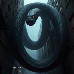 An enormous black snake, the size of a two-story building, coiling and slithering as if made of a dark, amorphous substance resembling a living shadow