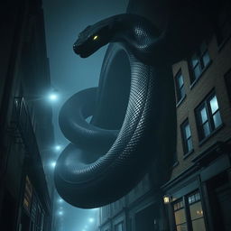 An enormous black snake, the size of a two-story building, coiling and slithering as if made of a dark, amorphous substance resembling a living shadow