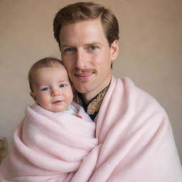 A charming prince garbed in regal attire tenderly carrying a gleeful baby girl wrapped in a soft, pink blanket