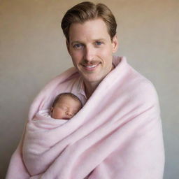 A charming prince garbed in regal attire tenderly carrying a gleeful baby girl wrapped in a soft, pink blanket