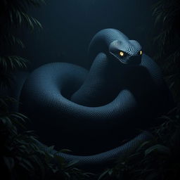 An enormous black snake, comparable in size to a Titanoboa, coiling and slithering as if made of a dark, amorphous mass that resembles a living shadow