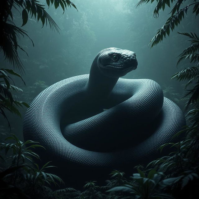 An enormous black snake, comparable in size to a Titanoboa, coiling and slithering as if made of a dark, amorphous mass that resembles a living shadow