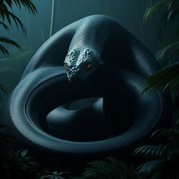 An enormous black snake, comparable in size to a Titanoboa, coiling and slithering as if made of a dark, amorphous mass that resembles a living shadow