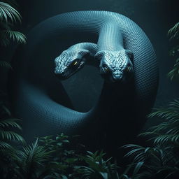 An enormous black snake, comparable in size to a Titanoboa, coiling and slithering as if made of a dark, amorphous mass that resembles a living shadow