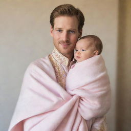 A charming prince garbed in regal attire tenderly carrying a gleeful baby girl wrapped in a soft, pink blanket