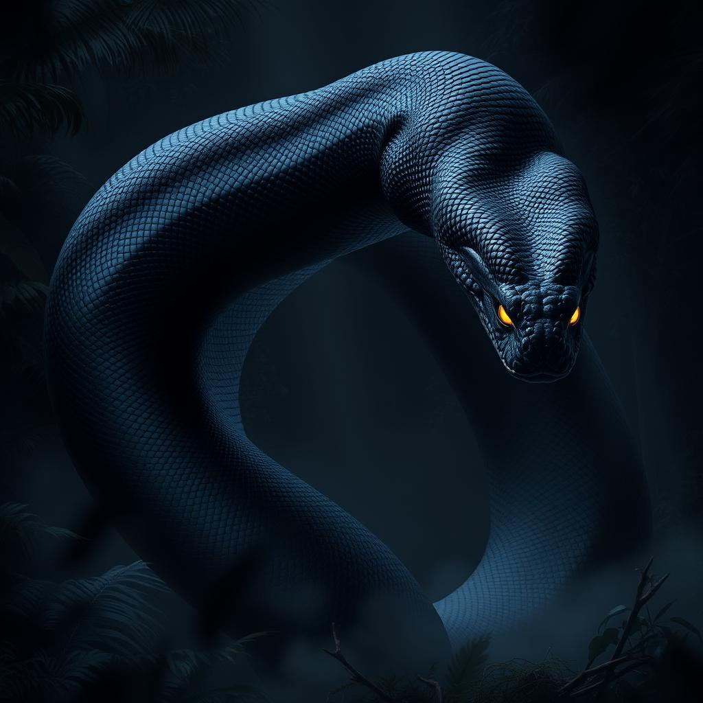 An enormous black snake, comparable in size to a Titanoboa, slithering and coiling with a form that appears to be made of a dark, amorphous substance, similar to a living shadow