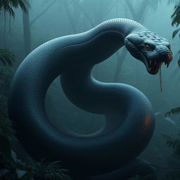 An enormous black snake, comparable in size to a Titanoboa, slithering and coiling with a form that appears to be made of a dark, amorphous substance, similar to a living shadow