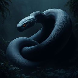 An enormous black snake, comparable in size to a Titanoboa, slithering and coiling with a form that appears to be made of a dark, amorphous substance, similar to a living shadow