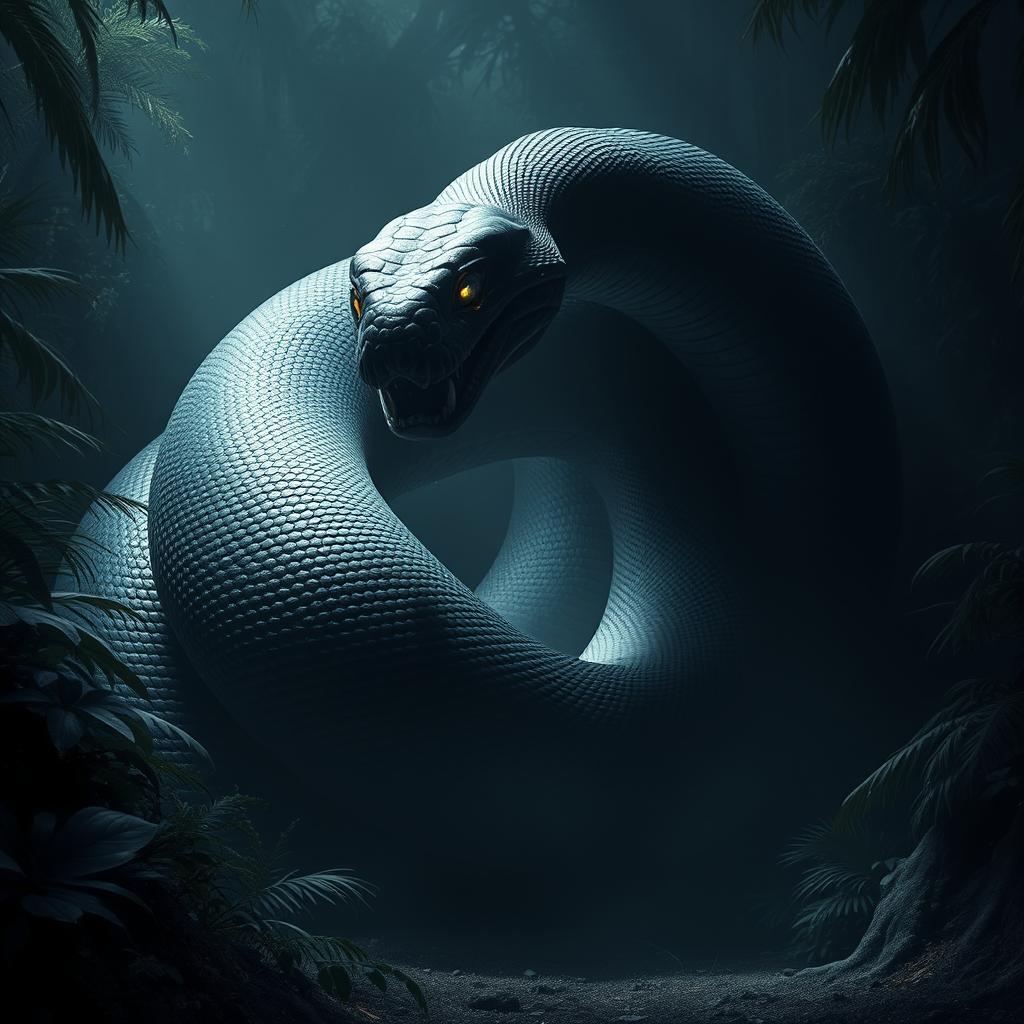 An enormous black snake, comparable in size to a Titanoboa, slithering and coiling with a form that appears to be made of a dark, amorphous substance, similar to a living shadow