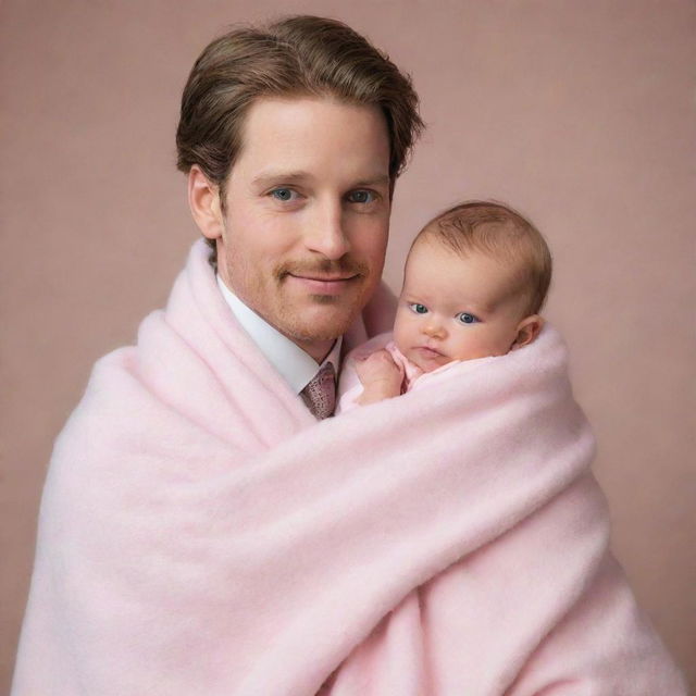 A charming prince garbed in regal attire tenderly carrying a gleeful baby girl wrapped in a soft, pink blanket