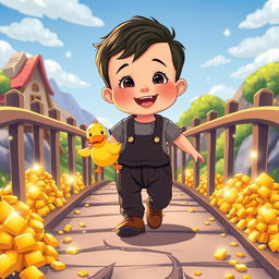 A vibrant cartoon illustration featuring a 10-month-old baby boy with thick black hair, wearing a cozy gray t-shirt and stylish black corduroy pants, along with cute brown leather shoes