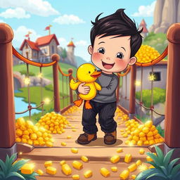 A vibrant cartoon illustration featuring a 10-month-old baby boy with thick black hair, wearing a cozy gray t-shirt and stylish black corduroy pants, along with cute brown leather shoes