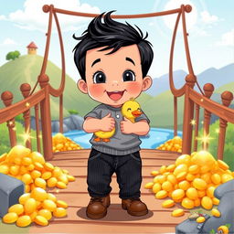 A vibrant cartoon illustration featuring a 10-month-old baby boy with thick black hair, wearing a cozy gray t-shirt and stylish black corduroy pants, along with cute brown leather shoes