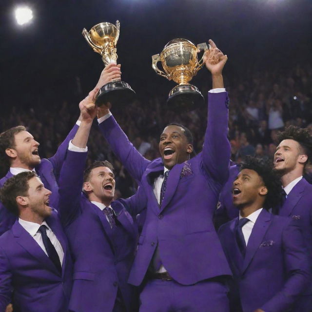 Animated scene of triumphant players in rich purple suits reaching for a gleaming trophy