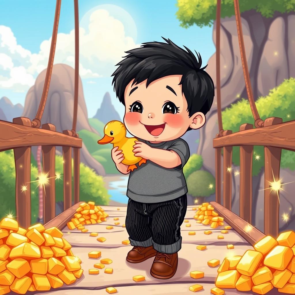 A vibrant cartoon illustration featuring a 10-month-old baby boy with thick black hair, wearing a cozy gray t-shirt and stylish black corduroy pants, along with cute brown leather shoes