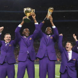 Animated scene of triumphant players in rich purple suits reaching for a gleaming trophy