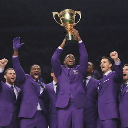 Animated scene of triumphant players in rich purple suits reaching for a gleaming trophy