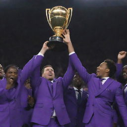 Animated scene of triumphant players in rich purple suits reaching for a gleaming trophy