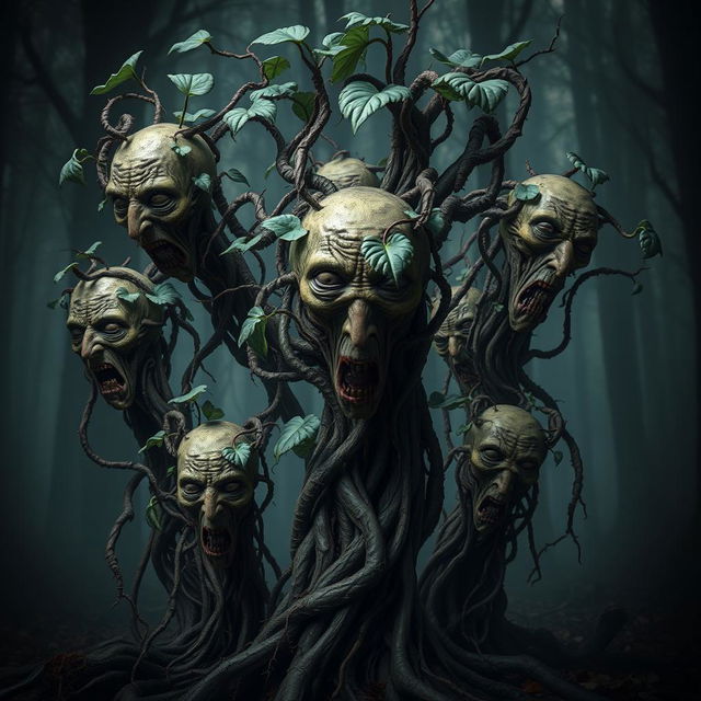 A collection of eerie, terrifying plants featuring grotesque human faces intertwined with their roots and foliage