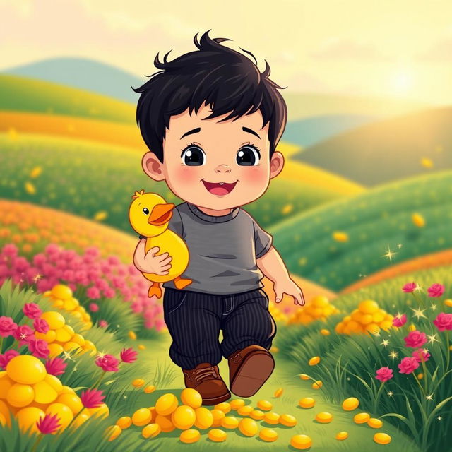 A vibrant cartoon illustration of a 10-month-old baby boy with thick black hair, wearing a cozy gray t-shirt and stylish black corduroy pants, along with cute brown leather shoes