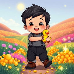 A vibrant cartoon illustration of a 10-month-old baby boy with thick black hair, wearing a cozy gray t-shirt and stylish black corduroy pants, along with cute brown leather shoes