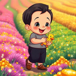 A vibrant cartoon illustration of a 10-month-old baby boy with thick black hair, wearing a cozy gray t-shirt and stylish black corduroy pants, along with cute brown leather shoes