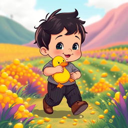 A vibrant cartoon illustration of a 10-month-old baby boy with thick black hair, wearing a cozy gray t-shirt and stylish black corduroy pants, along with cute brown leather shoes