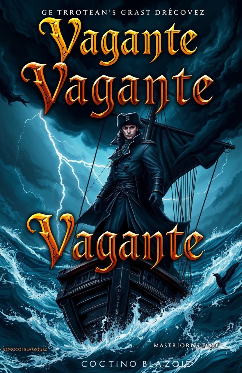 A captivating book cover for 'Vagante' by Rocío Cruz Blázquez, featuring an enigmatic captain named Dorghouth, who exudes a sense of mystery and danger, standing on the deck of a pirate ship amidst a stormy sea