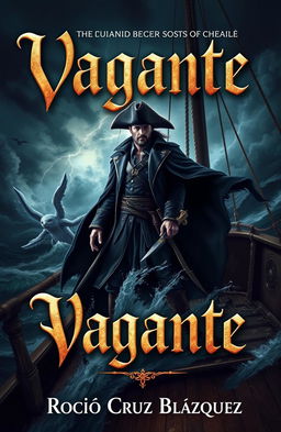 A captivating book cover for 'Vagante' by Rocío Cruz Blázquez, featuring an enigmatic captain named Dorghouth, who exudes a sense of mystery and danger, standing on the deck of a pirate ship amidst a stormy sea