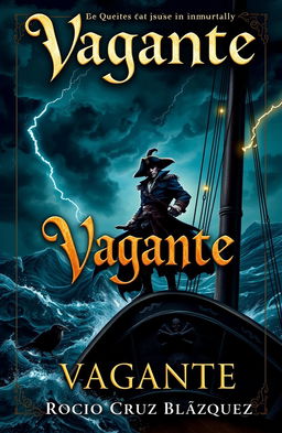 A captivating book cover for 'Vagante' by Rocío Cruz Blázquez, featuring an enigmatic captain named Dorghouth, who exudes a sense of mystery and danger, standing on the deck of a pirate ship amidst a stormy sea