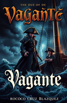 A captivating book cover for 'Vagante' by Rocío Cruz Blázquez, featuring an enigmatic captain named Dorghouth, who exudes a sense of mystery and danger, standing on the deck of a pirate ship amidst a stormy sea